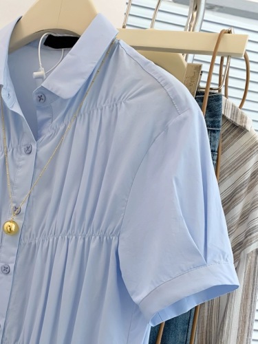 蓝色polo领正肩褶皱短袖衬衫女夏季夏法式设计感衬衣2024新款上衣
