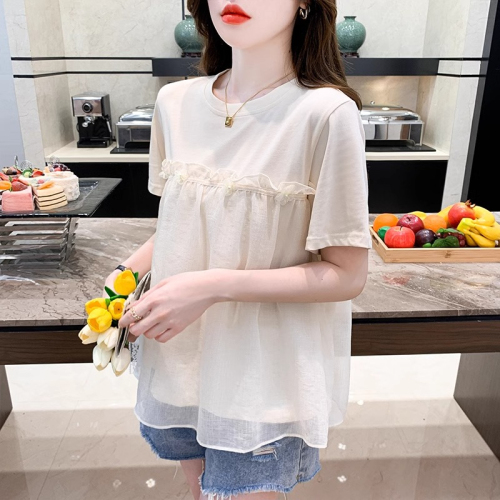 French round neck ear-hemmed shirt for women, summer mesh splicing bottoming shirt, slimming belly-covering top