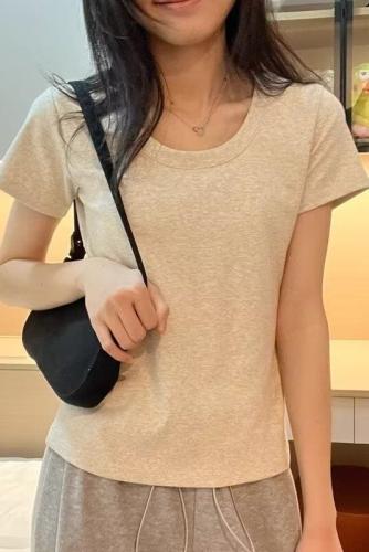 Real shot short-sleeved T-shirt for women in summer 2024 Korean version solid color T-shirt loose slimming inner layering top