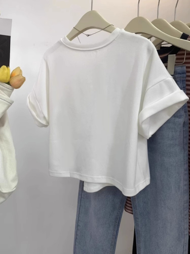 200克纯棉后包领设计感小众开叉小个子短款短袖T恤女
