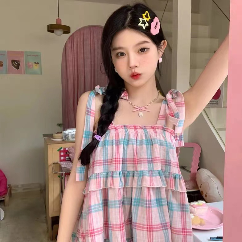 Dopamine girl suspender shirt women's summer new design sweet strappy plaid short top