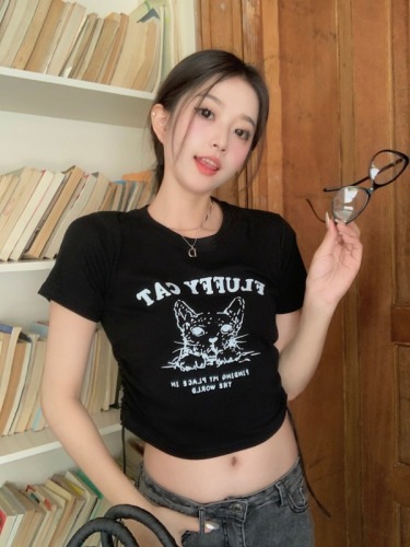实拍~2024夏季韩版新款趣味印花抽绳修身甜酷辣妹短款短袖T恤