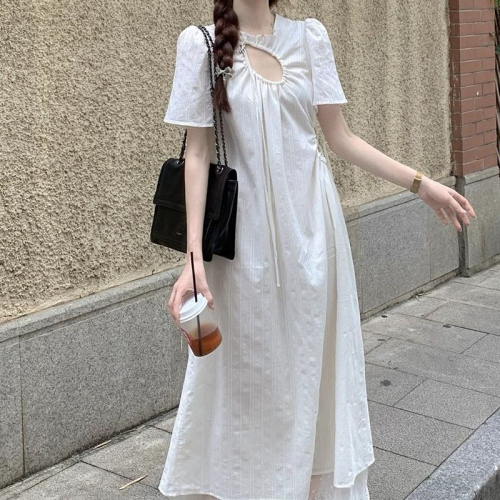 French white lace splicing dress for women, summer design, hollow seaside resort style loose A-line long skirt