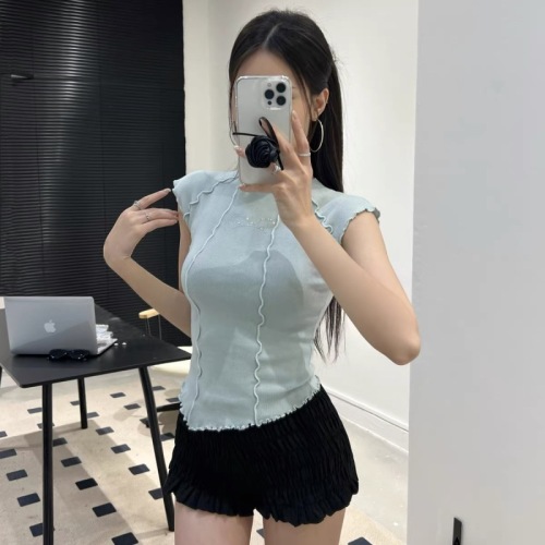 Summer hot girl style ear-cut slim fit elastic soft knitted sweater with bow knot perm and fashionable short blouse