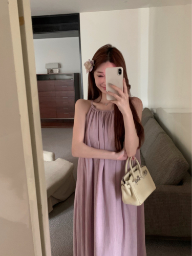 French first love gentle purple halterneck suspender dress summer women's holiday style loose slimming A-line long skirt