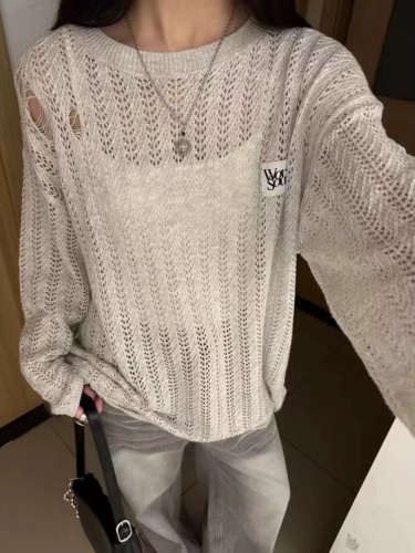 Korean style lazy style hollow knitted blouse summer 2024 new style medium and long style wear thin tops