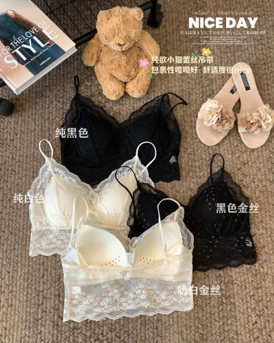 实拍~美背内衣法式蕾丝纯欲性感裹胸女免文胸固定杯聚拢抹胸