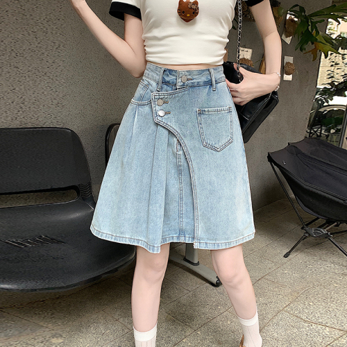 Real shot of pure cotton retro denim short skirt for women summer 2024 new anti-exposure high-waisted A-line pleated skirt