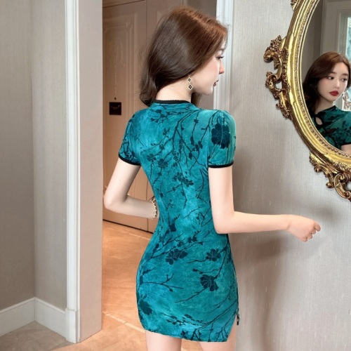 Real shot of retro temperament Chinese style sexy flocking print improved cheongsam bottoming hip short-sleeved dress