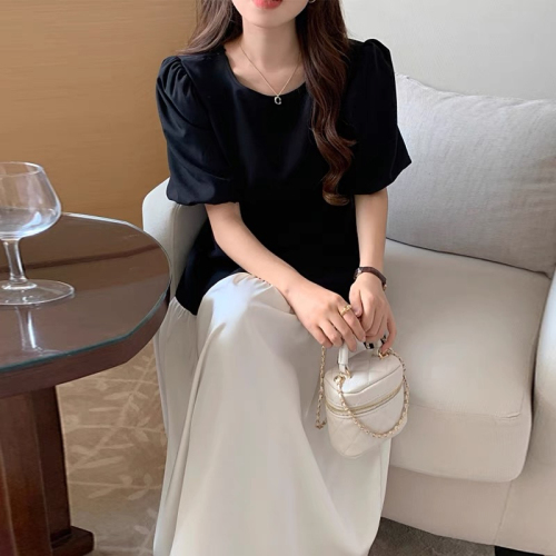 Korean chic summer French retro round neck loose casual color block ruffled puff sleeve dress long skirt for women