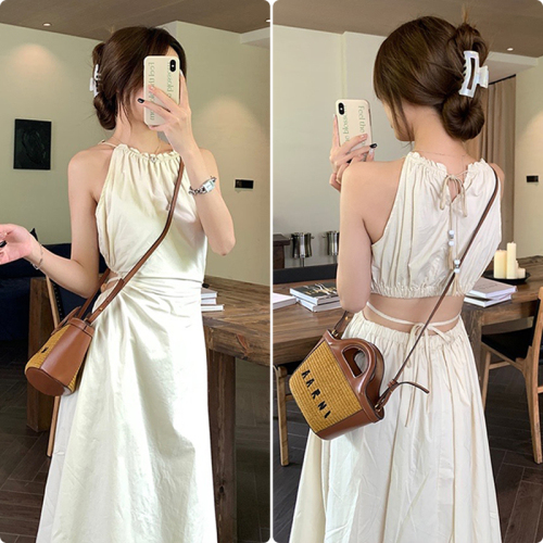 Halter neck suspender dress for women, summer design, hollow waist, slimming temperament, seaside beach vacation long dress