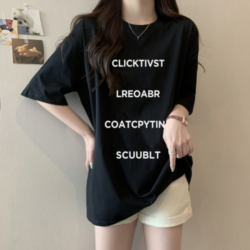 Real shot of American letter print niche mid-length loose and versatile T-shirt for women