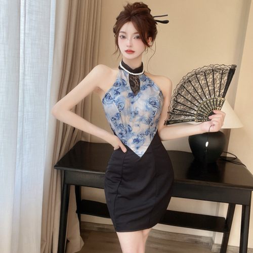 Real shot of new Chinese style improved cheongsam evening dress for women summer sexy hollow color block neck halter hip dress