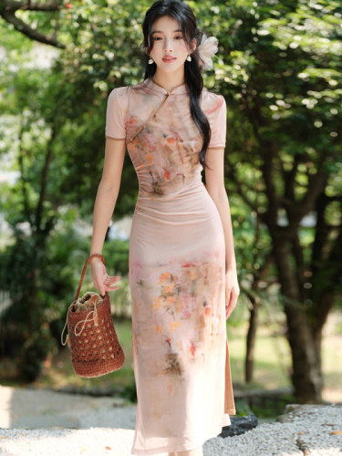 Improved cheongsam dress for women summer retro oil painting printed new Chinese style dress