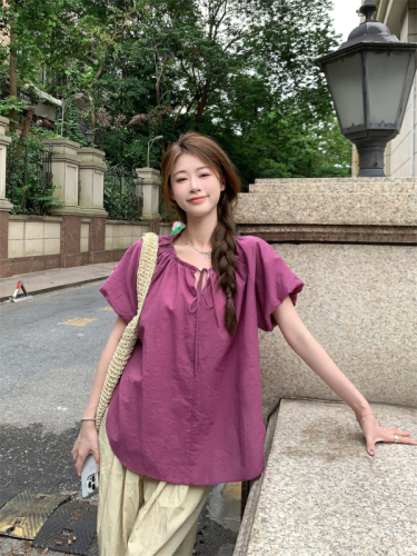 实拍；2024夏季新款韩版设计感领口绑带泡泡袖宽松显瘦小衫女