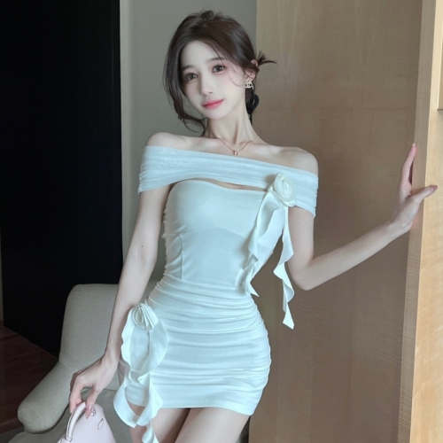 Real shot of pure lust sexy design flower decoration cotton tube top hip tassel splicing bottoming dress