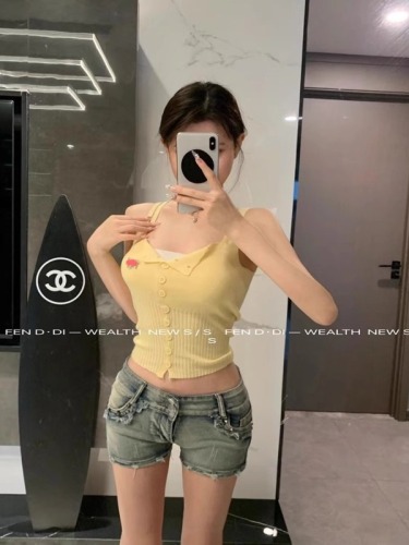 2024 new summer style double shoulder strap single breasted temperament knitted sweater women's thin bottoming top