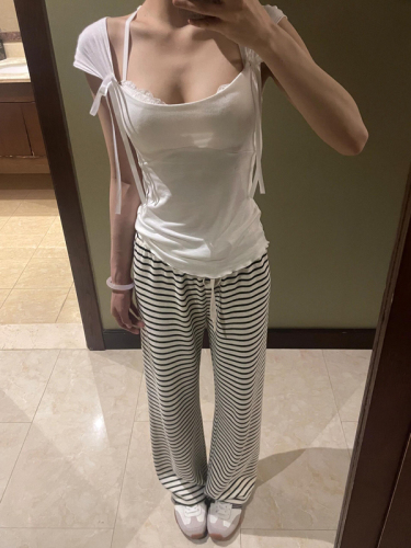 Hot girl pure lust style slim short-sleeved T-shirt bow top + striped slim casual straight trousers