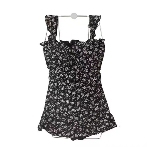 Black floral small flying sleeve suspender dress for women summer new sexy temperament waist bag hip hot girl long