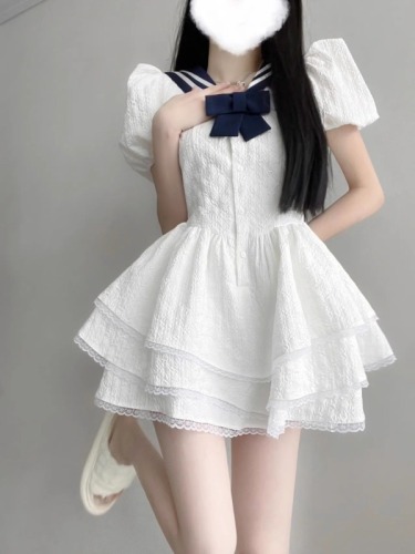 College Navy Collar Small White Sexy Dress Women's Summer Puffy Princess Dress Pure Lust Style First Love Short Skirt