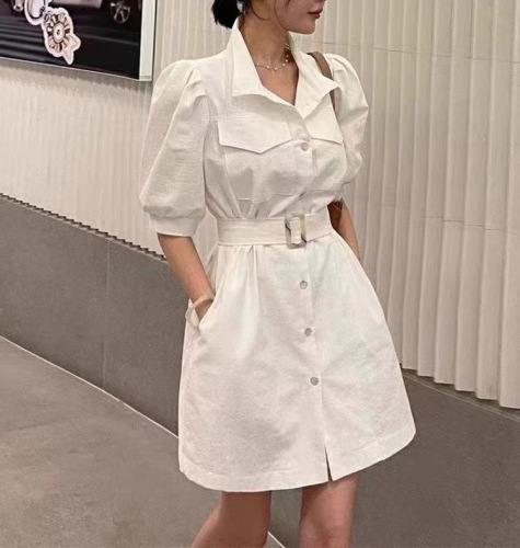 Women's Retro Lapel Waist Puff Sleeve Work Dress with Belt