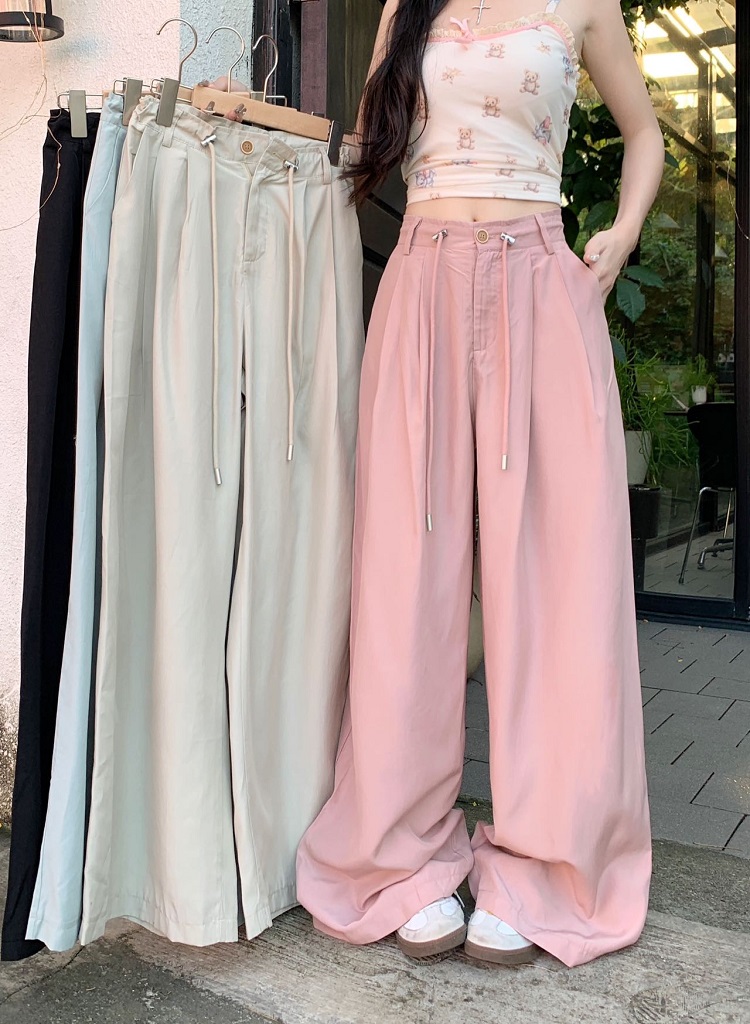 Actual shot of ice silk cool casual pants, summer new high waist drawstring wide leg pants, drapey loose floor mopping pants