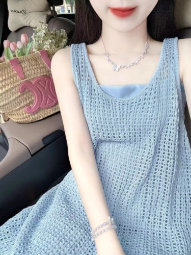 French style hollow suspender dress for women 2024 new summer pear-shaped body wear long vest dress