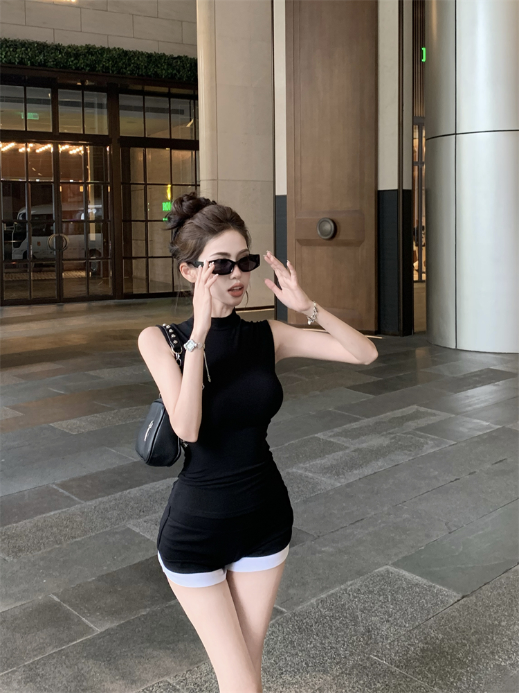 實拍 純欲風辣妹套裝女夏季半高領背心高腰包臀短褲兩件套