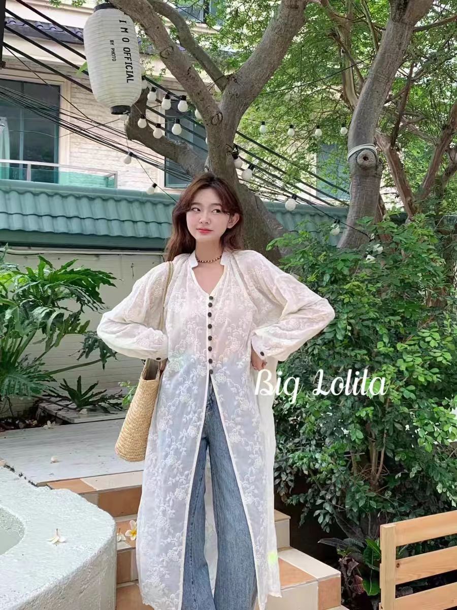 Comfortable Summer Large Lolita Plus Size Sun Protective Lace Long Sleeve Blouse Open Shirt Women's Summer 2024 New Arrival