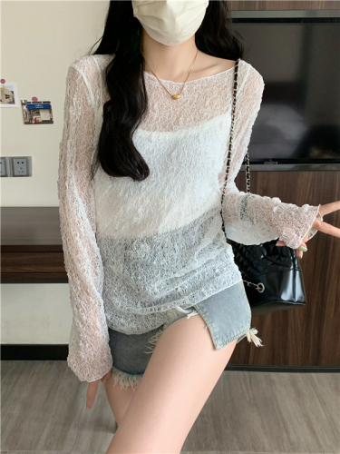 Real shot of lace see-through round neck long-sleeved irregular sun protection shirt top + knitted small suspender two-piece set