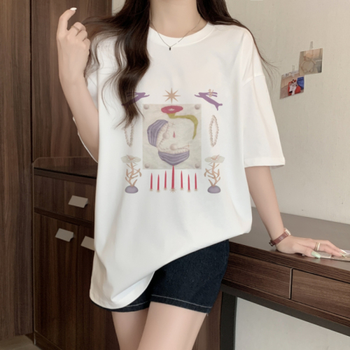 Actual shot of Korean style new summer printed college style mid-length loose T-shirt for women