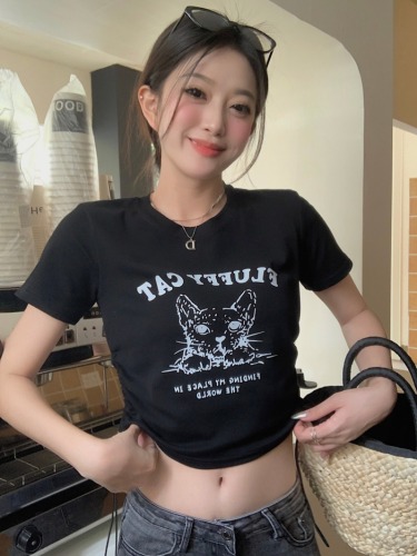 实拍~2024夏季韩版新款趣味印花抽绳修身甜酷辣妹短款短袖T恤