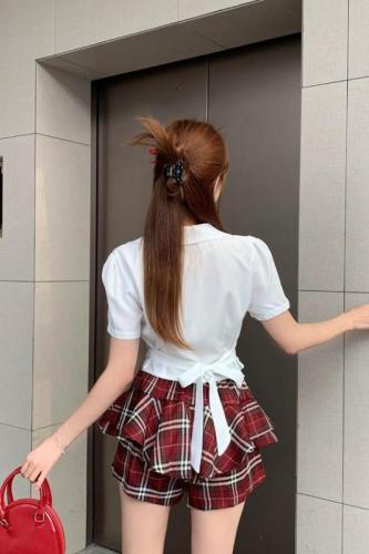 Real shot ~ hot girl suit short shirt sexy top summer short skirt retro plaid skirt suit