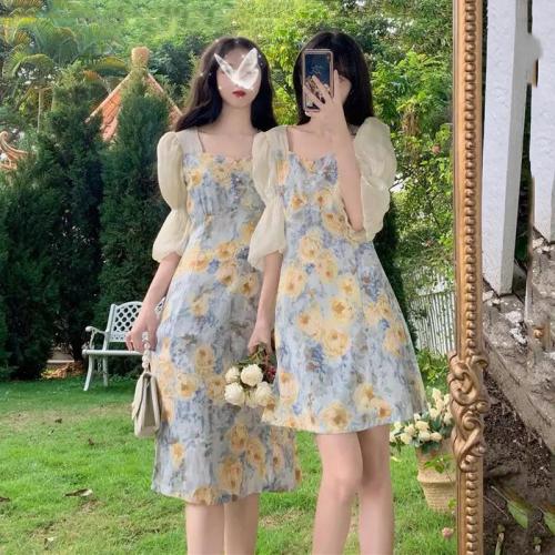 Summer 2024 new sweet floral temperament mid-length waist slimming short-sleeved bestie short-sleeved dress for women