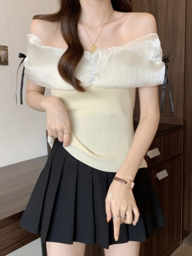 Romantic French one-line neckline off-shoulder bow top for women pure lust style short waist ruffled top for summer