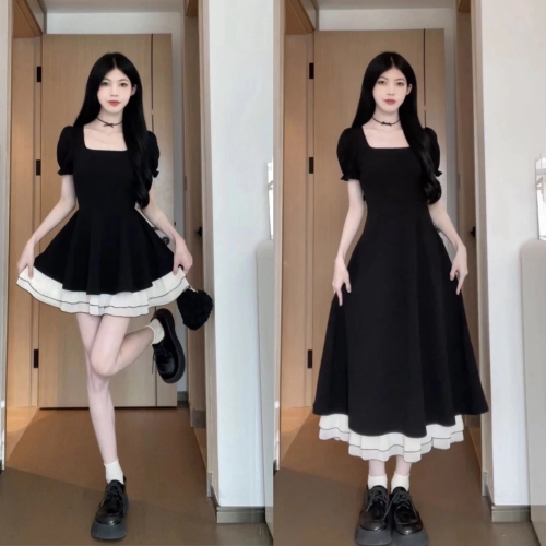 Matsumoto Mourning Black Swan Contrast Color Short Sleeve Dress Little Black Dress Slim A-Line Dress