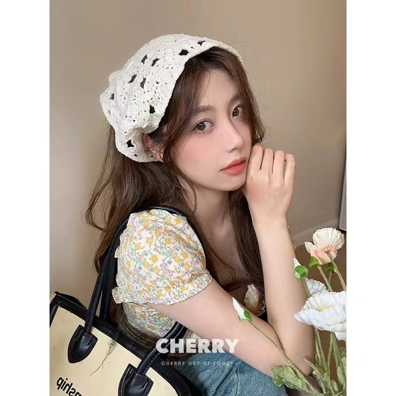 Pure Color Knitted Crochet Head Scarf Triangle Women's Ins Rural Headband Literary Versatile Hair Accessory