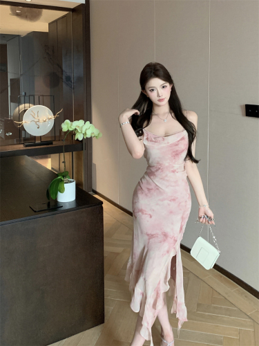 Actual shot of pink swing collar floral suspender dress with irregular ruffles