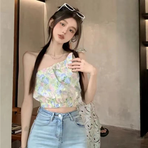 Women's clothing design sense strapped short waist pleated retro temperament hot girl print slant collar off-shoulder vest for women summer