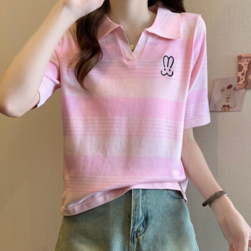 Real shot!  !  There’s a big picture!  2024 new summer style small fragrance contrast color knitted fir thin ice silk T-shirt for women