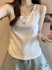 Cotton white sleeveless vest for women with irregular design and irregular bottoming outer top for summer