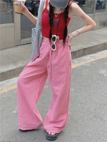 Actual shot of summer casual versatile red plaid casual floor-length wide-leg pants