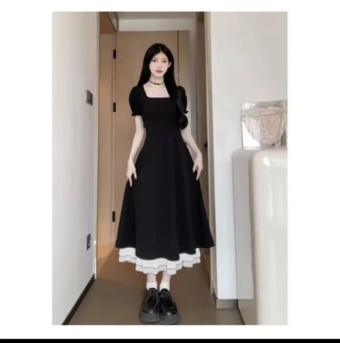 Matsumoto Mourning Black Swan Contrast Color Short Sleeve Dress Little Black Dress Slim A-Line Dress