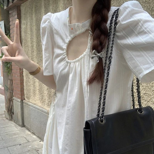 French white lace splicing dress for women, summer design, hollow seaside resort style loose A-line long skirt