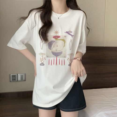 Actual shot of Korean style new summer printed college style mid-length loose T-shirt for women