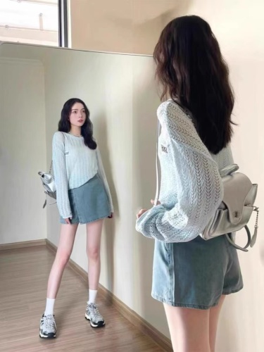 Blue fresh hollow thin sweater for women summer loose lazy style layered sun protection short top