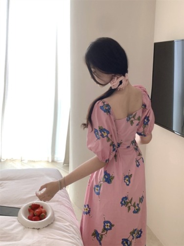 Actual shot~Hua Xianzi customized floral design puff sleeve square collar printed long skirt