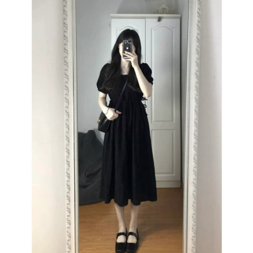 Black dress for small women 2024 new French Hepburn style little black dress waist slimming long skirt summer