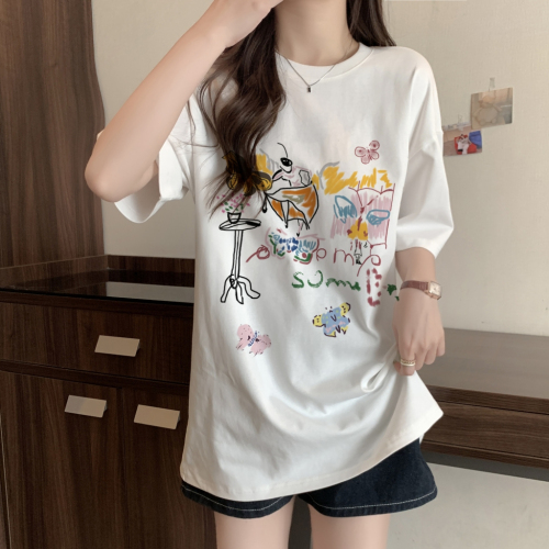 Real shot of Korean style summer printed mid-length pure cotton short-sleeved T-shirt