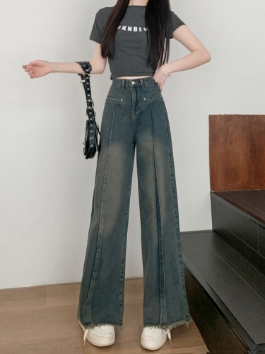 Actual shot ~ Retro American jeans for women, loose design, slim, high waist, straight wide leg denim trousers
